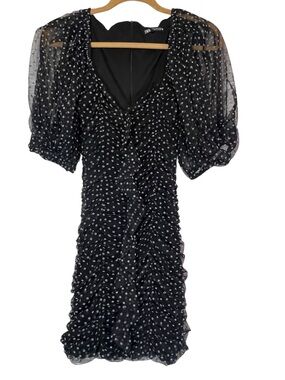 Zara Polka Dot Mesh Puff Sleeve Ruched Mini Dress Size US S  Black and White